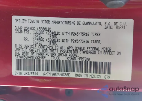 2021 Toyota Tacoma Sr из США, поврежденный, VIN 3TYAX5GN4MT022489